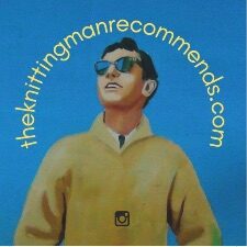 Man in gold V-neck and sunglasses looks skyward . Words say “TheKnittingManRecommends.com.”