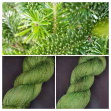 Tonal green yarn and pine boughs.