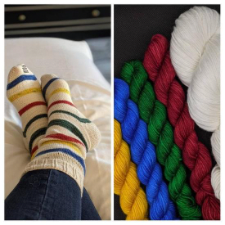 Cream base and semi-solid minis, with photo of finished striped socks.