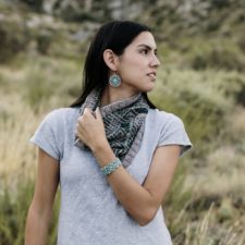 Jennifer models two-color cowl with Hopi-inspired colorwork.