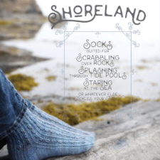 Feet in knitted socks at the seashore are on this cover of a book of sock patterns.