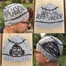 Colorwork hat with image of Darth Vader on one side and the words Are you Jeff Vader? on the other.