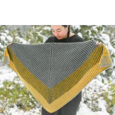 Brioche striped triangular shawl in three colors. pattern mirrors from the spine.