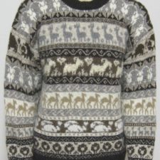 Colorwork sweater with rows of sheep, rabbits, camels, goats, and alpacas.