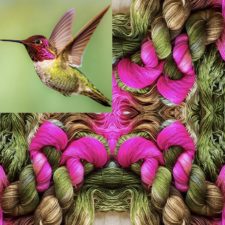 Bright hummingbird and matching skeins with neon pink splash.