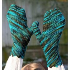 Mittens knitted on the diagonal with a jagged hem.