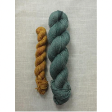 Full-size skein and mini skein in complementary forest colors.