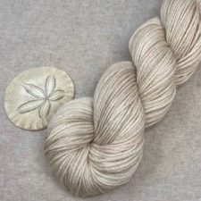 Semi solid skein in birch bark color, photographed with sand dollar.