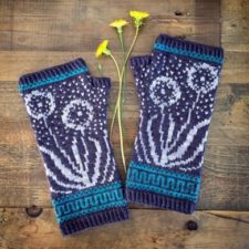 Mitts in three colors with dandelions gone to seed as the main motif.