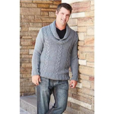 Long-sleeve cabled sweater with ribbed cuffs and hem and a shawl neck.