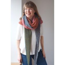 Long, thin, triangular shawl with thin stripes in varying colors.