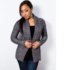 Long-sleeve open front cardigan with wide braided cables down the front edges.