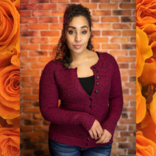 Close fitting button up crochet cardigan in rich garnet red.