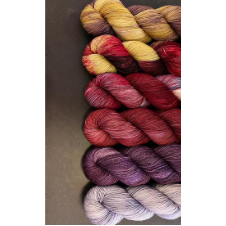 Variegated and tonal yarns in warm, complementary colors.