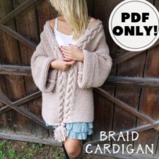 long, chunky cardigan has wide, braided edge that ends in a tassel.