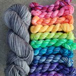 Full-size neutral skein and minis in rainbow colors