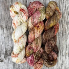 Three skeins that go from cream with splashes of color, russet apple peel, and tree bark.