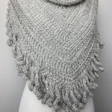 Long, bandana style cowl crocheted loosely with crocheted fringe.