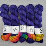 Marled zebra yarn in purple with a bright pop of rainbow shades at one end of the skein.