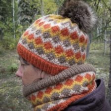 Four-color hat and cowl set with colorwork diamonds throughout.