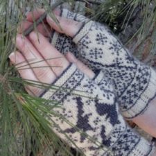 Colorwork mitts with birds and snowflakes.