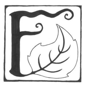 Fairy tale style letter F with a leaf growing out of it