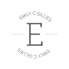 Emily C. Gillies logo, large capital E in the center, with Emily’s name forward above it and backward below it