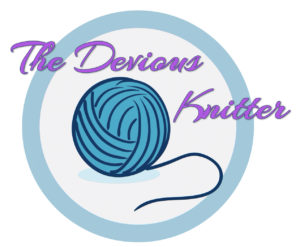 1950s style lettering that says Devious Knitter, and an illustration of a yarn ball