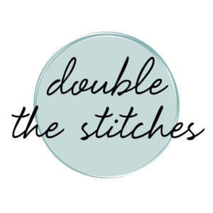 Double the Stitches written in script over a circle