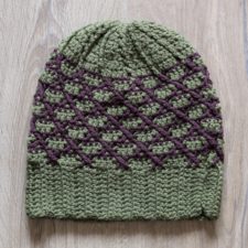 Beanie in two colors with crocheted diamonds pattern in second color.