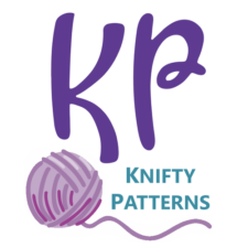 Knifty Patterns logo with ball of yarn.