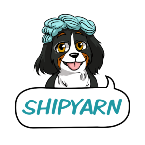 Playful cartoon dog with a skein on its head and the word Shipyarn