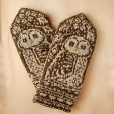 Two-color mittens with large owl design.