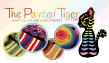 Logo has a colorful cat silhouette and several round photos of yarn and knitted items. Words say, The Painted Tiger.com. What color are your stripes?