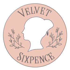 line drawing of a coin with the words Velvet Sixpence on it