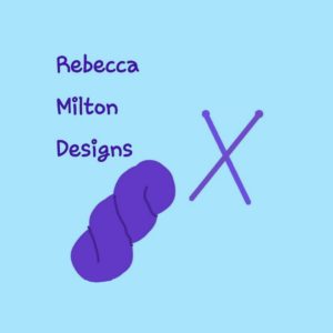Rebecca Milton Designs logo with crossed needles and a twisted skein