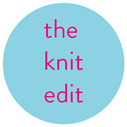 blue circle with “the knit edit” in bright pink