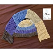 Loose-knit scarf in five sections of different colors.