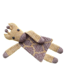 Giraffe toy in muted colors. Head is stuffed and has button eyes. Arms, legs and body are crocheted flat