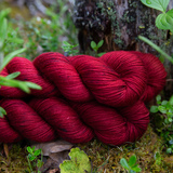 Deepest rose red yarns against a tree.