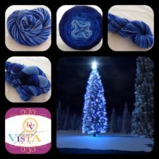 Split screen of blue gradient yarn and blue lights on a Christmas tree.