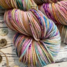 Highly variegated yarn in bright colors.