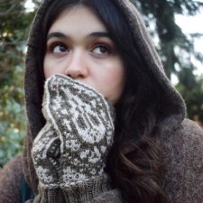 Colorwork mittens with bird skull motif.