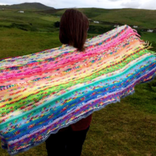 Bright horizontal stripe shawl, about 65 inches by 20 inches.