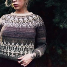 Colorwork sweater with bird skull motif in yoke.