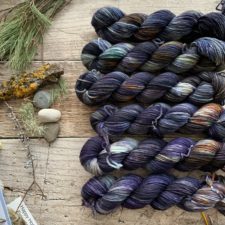 Deep, cool shades in 6 skeins, lined up next to plants and stones.