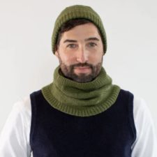 Beanie and cowl have bands of knitted herringbone stitch on a stockinette field.