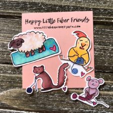 Stickers of a sheep, chicken, cat and mouse knitting.