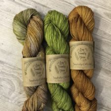 Three skeins, one a green apple tonal, one a caramel tonal and one a variegated mix of the two.