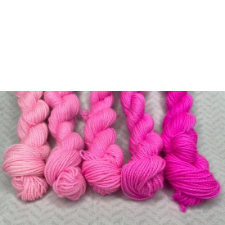 Five mini skeins ranging from carnation pink to hot pink.